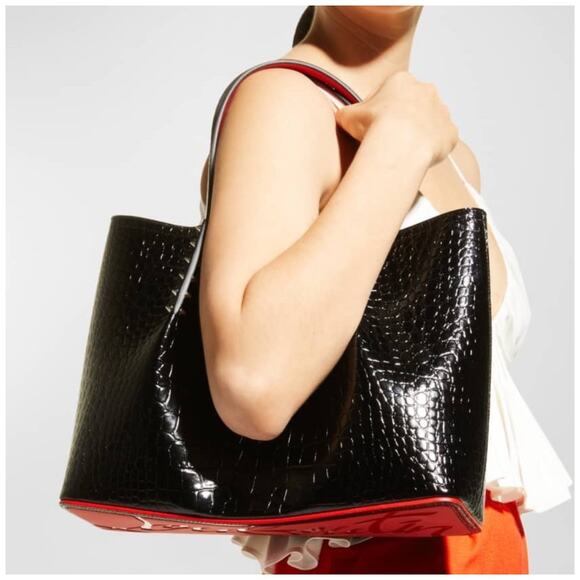 Christian Louboutin Cabarock Croc Small Black Leather Tote Spiked Shoulder Bag - Picture 2 of 12